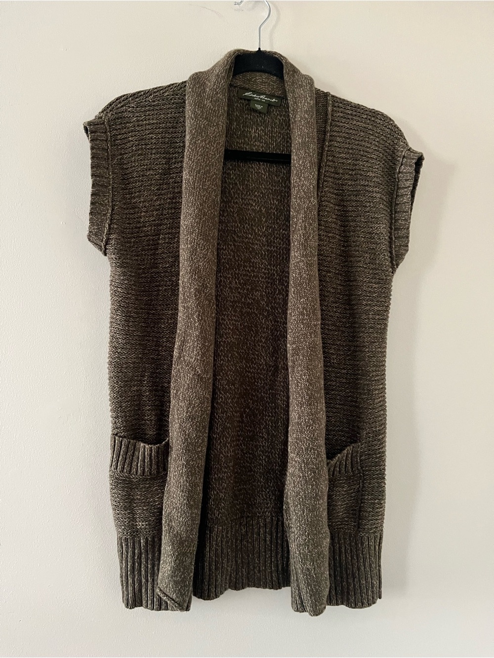 Eddie Bauer Olive Green Marled Knit Open Front Knit Cardigan XS Granola Hiking